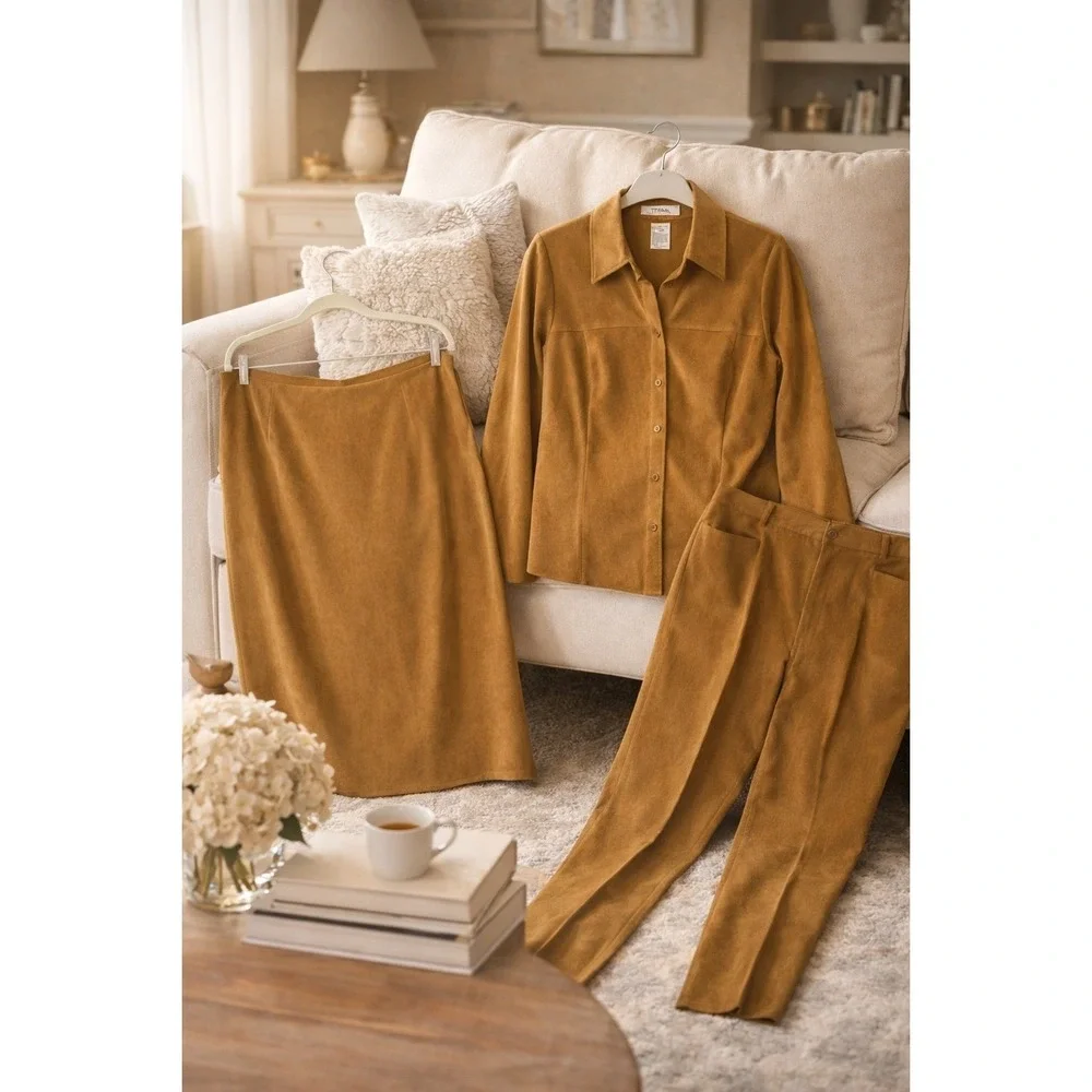Tribal Stretch 3 Piece  Career‎ Outfit Pants Skirt Button Up Shirt Camel Size 14